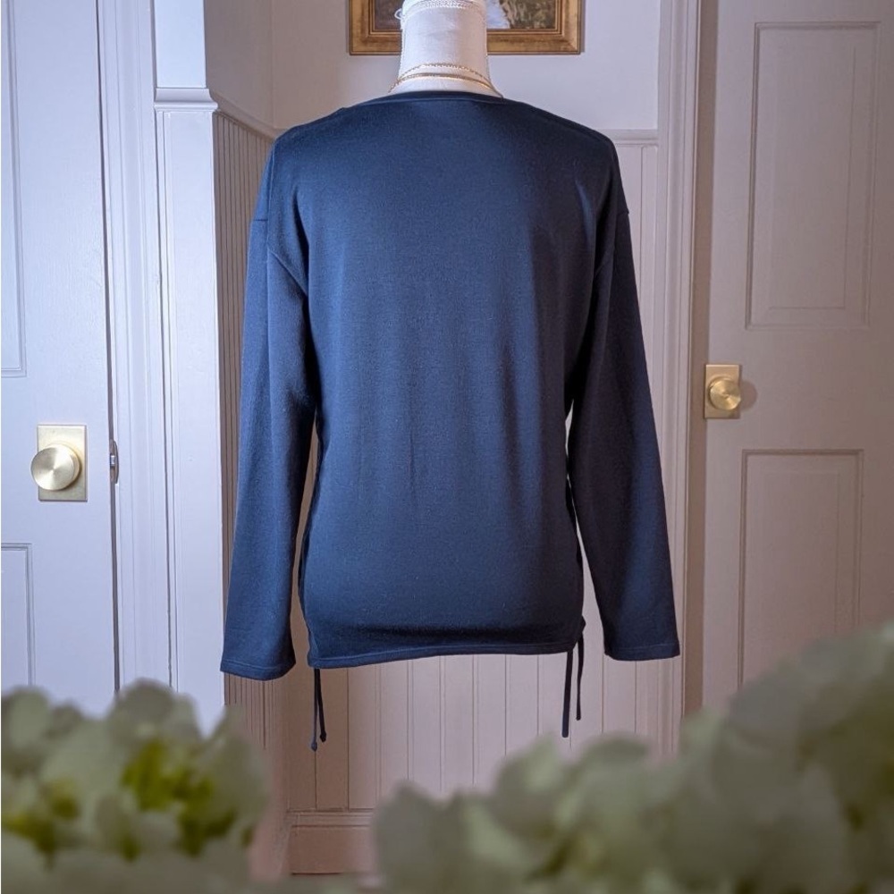 COMO VINTAGE Navy Blue Side Cinch Ruched Long Sleeve Top Medium - Picture 2 of 7